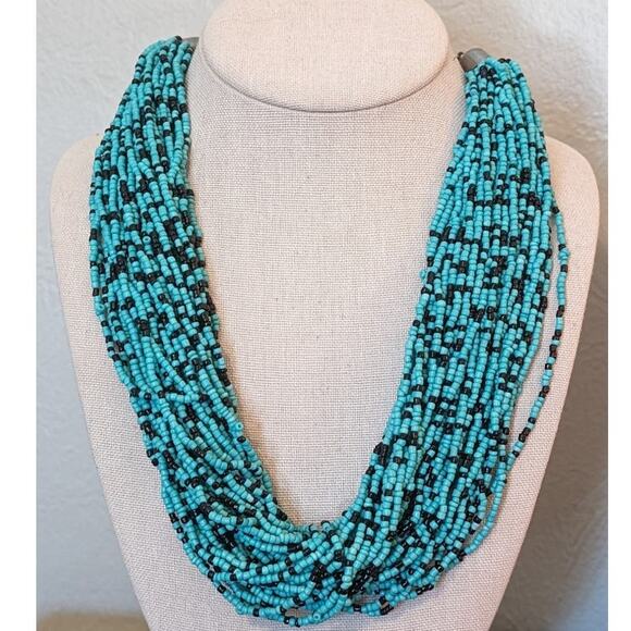 Multi Strand Turquoise and Black Seed Bead 18-22" Necklace - Picture 1 of 4
